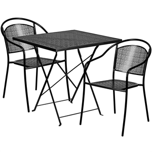 Flash Furniture 3 Piece 28&quot Square Steel Flower Print Patio Dining Set in Black