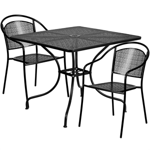 Flash Furniture 3 Piece 36&quot Square Steel Flower Print Patio Dining Set in Black