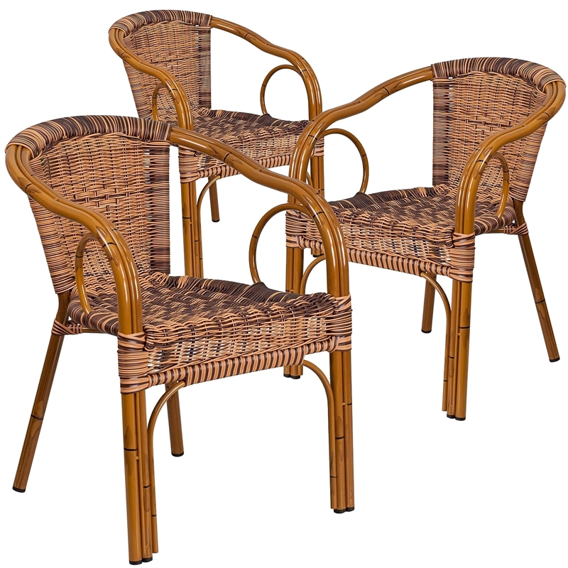 Flash Furniture Cadiz Rattan Patio Dining Arm Chair in Burning Brown (Set of 3)