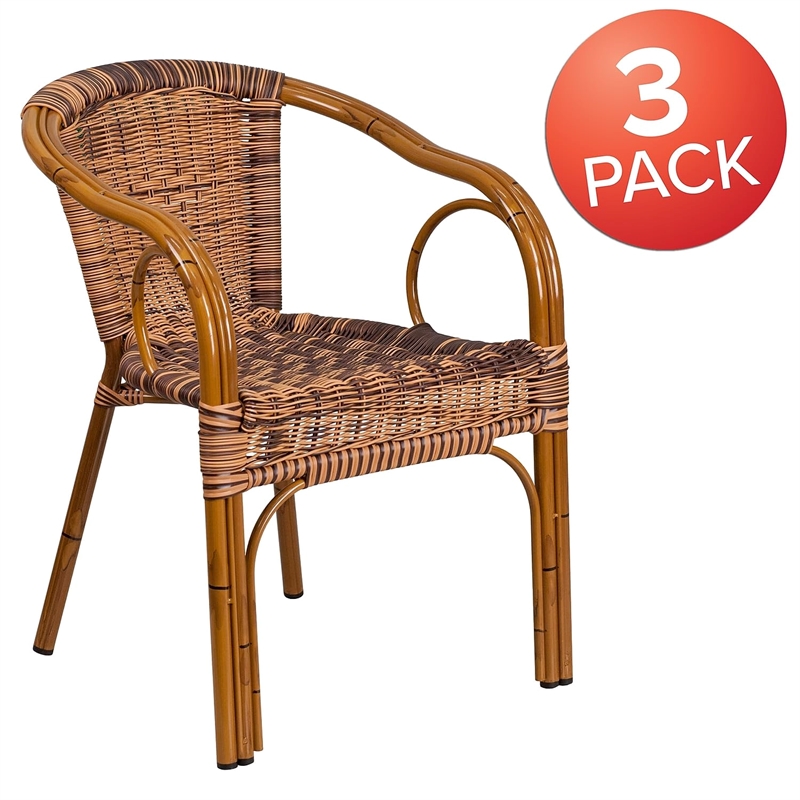 Flash Furniture Cadiz Rattan Patio Dining Arm Chair in Burning Brown (Set of 3)