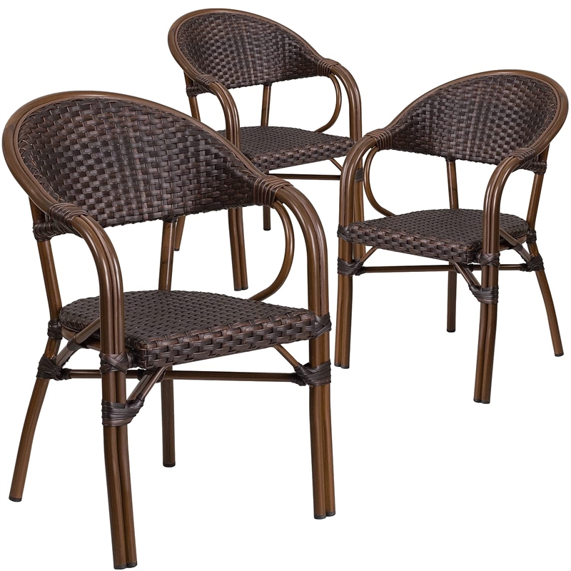 Flash Furniture Milano Rattan Patio Dining Arm Chair in Dark Brown (Set of 3)