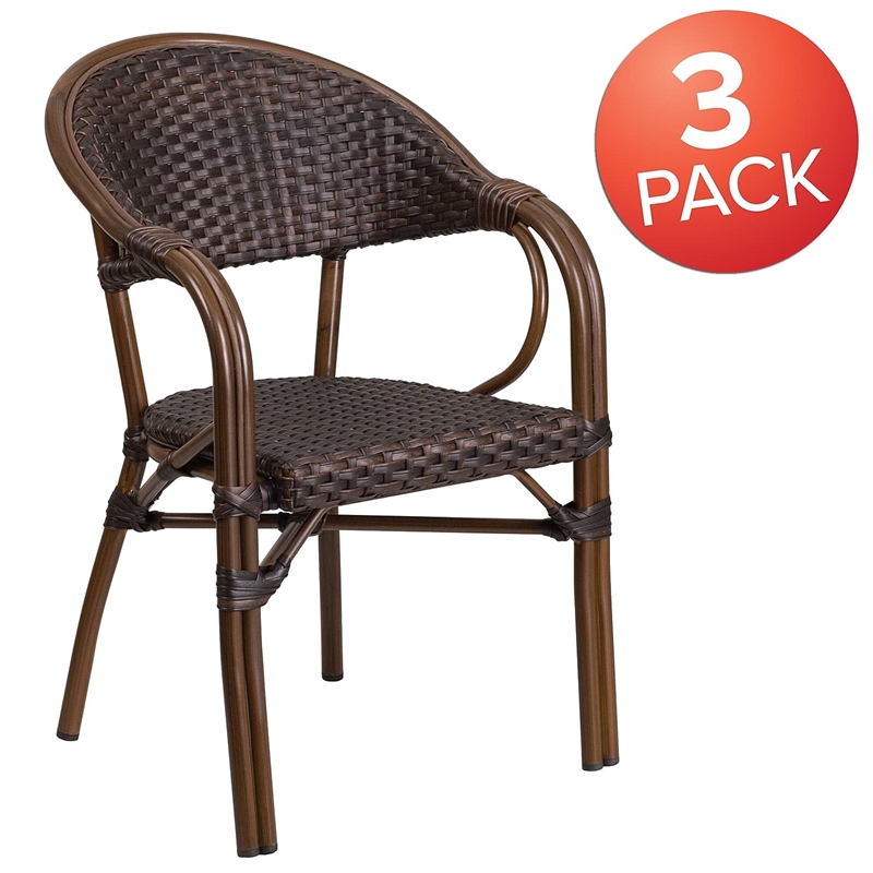 Flash Furniture Milano Rattan Patio Dining Arm Chair in Dark Brown (Set of 3)