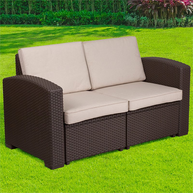 Flash Furniture Wicker Patio Loveseat in Chocolate Brown and Beige