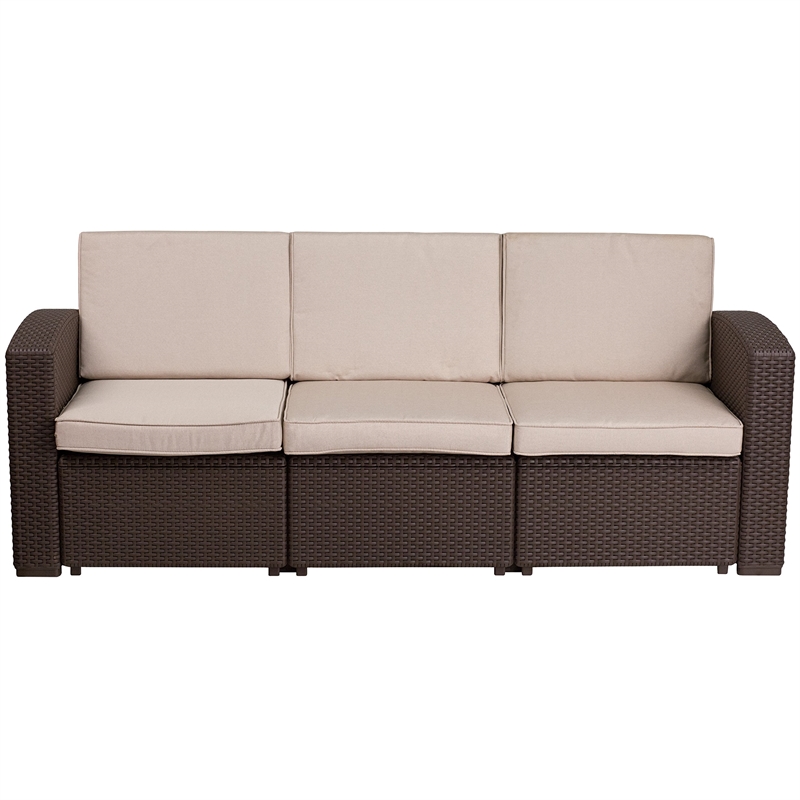 Flash Furniture Wicker Patio Sofa in Chocolate Brown and Beige