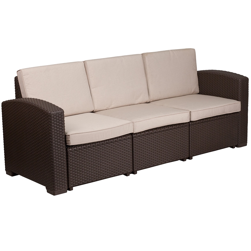 Flash Furniture Wicker Patio Sofa in Chocolate Brown and Beige