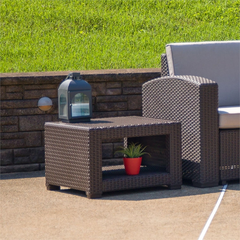 Flash Furniture Wicker Patio End Table in Chocolate Brown