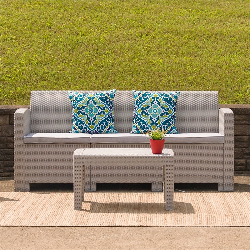 Flash Furniture Wicker Plank Top Patio Coffee Table in Light Gray