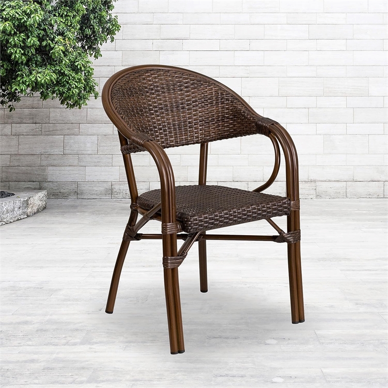 Flash Furniture Milano Rattan Patio Dining Arm Chair in Cafe Brown