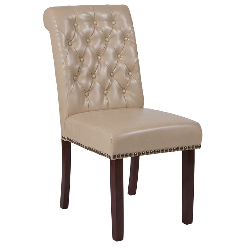 Flash Furniture Hercules Leather Upholstered Parson Dining Side Chair in Beige