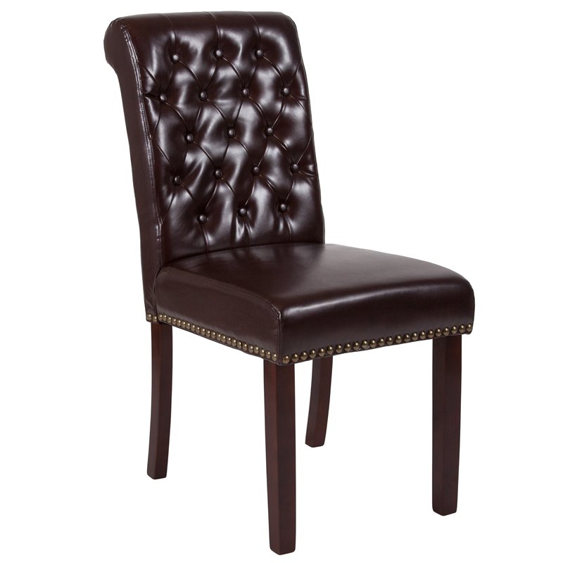 Flash Furniture Hercules Leather Upholstered Parson Dining Side Chair in Brown