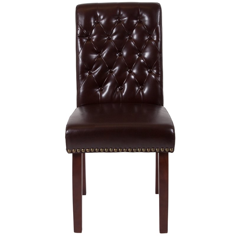 Flash Furniture Hercules Leather Upholstered Parson Dining Side Chair in Brown