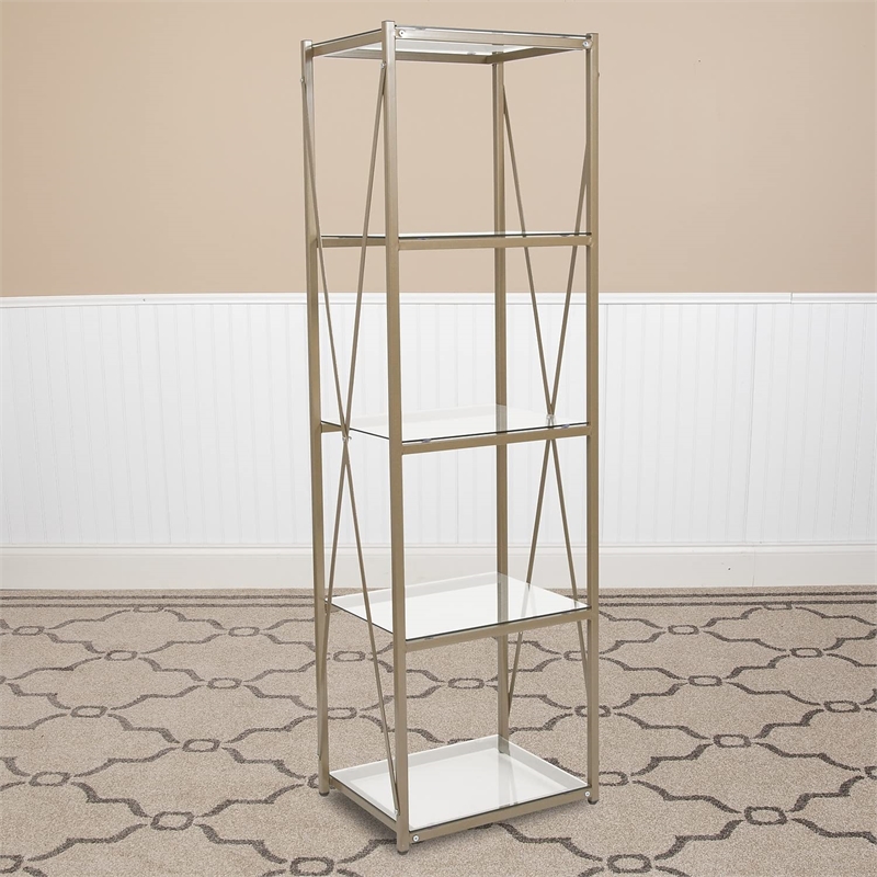 Flash Furniture Mar Vista 4 Shelf Glass Narrow Bookcase in Matte Gold