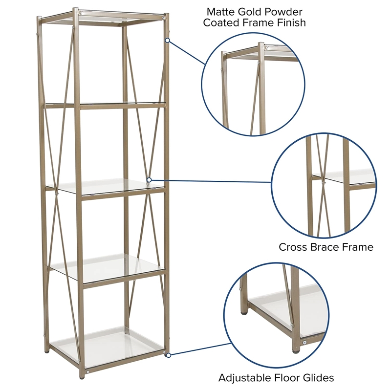 Flash Furniture Mar Vista 4 Shelf Glass Narrow Bookcase in Matte Gold