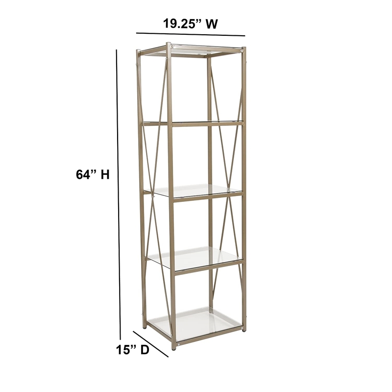 Flash Furniture Mar Vista 4 Shelf Glass Narrow Bookcase in Matte Gold