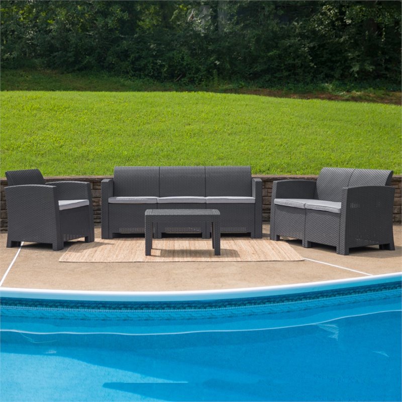 Flash Furniture 4 Piece Wicker Patio Sofa Set in Dark Gray