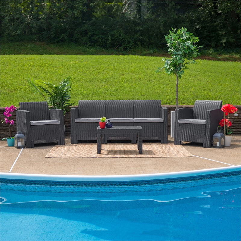 Flash Furniture Wicker Patio Sofa in Dark Gray