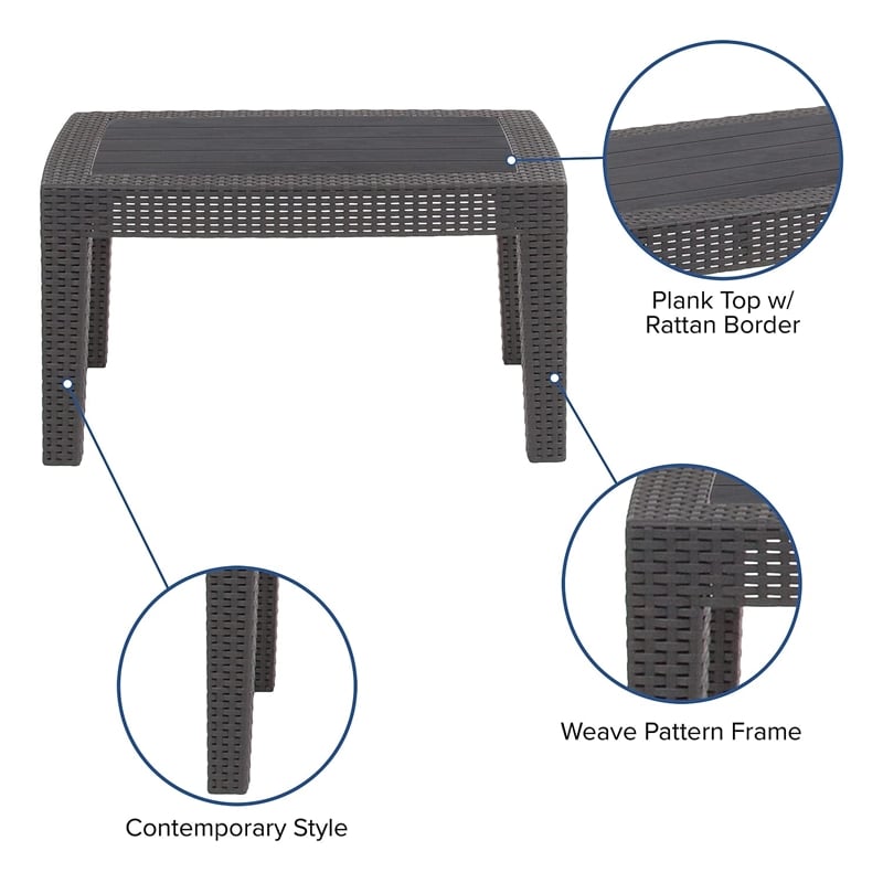 Flash Furniture Wicker Plank Top Patio Coffee Table in Dark Gray