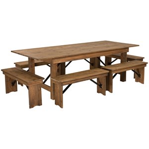 flash furniture hercules solid pine folding farmhouse dining set in antique rustic with benches