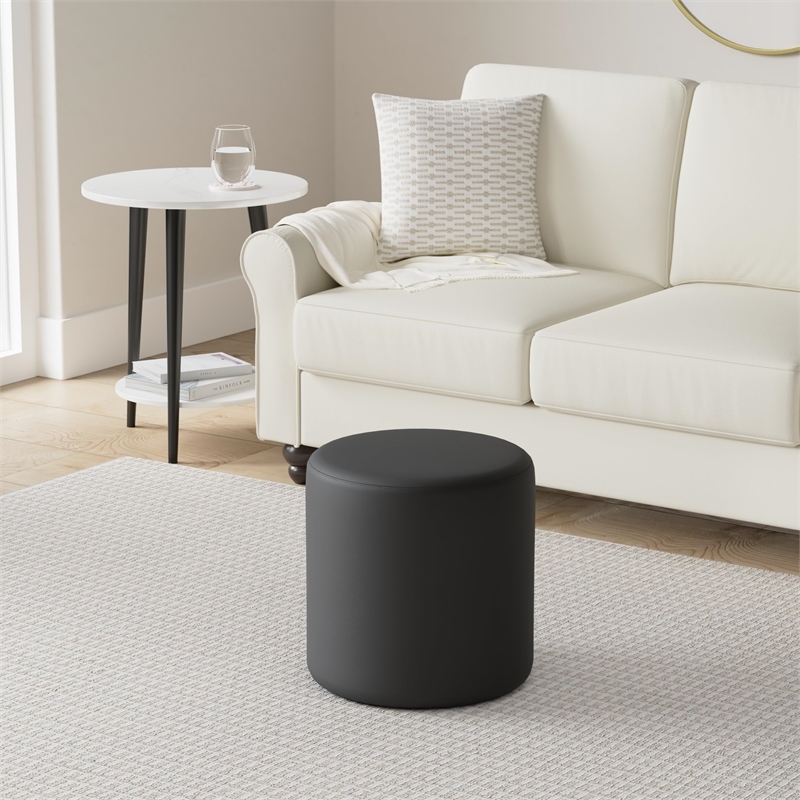 Flash Furniture Barrington Leather Round Pouf Ottoman in Black