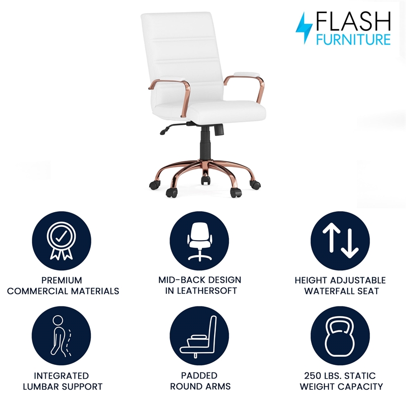 Flash Furniture Mid Back Leather Office Swivel Chair in White and Rose Gold