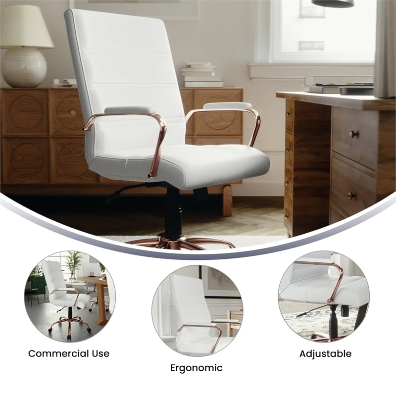 Flash Furniture Mid Back Leather Office Swivel Chair in White and Rose Gold