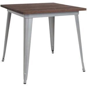 flash furniture contemporary wood top galvanized steel caf? dining table in walnut and silver