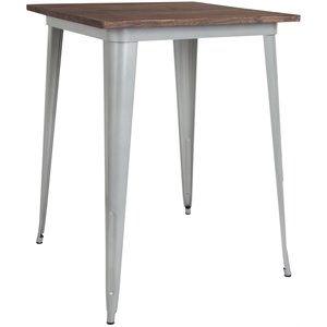 flash furniture contemporary wood top galvanized steel bar table in walnut and silver