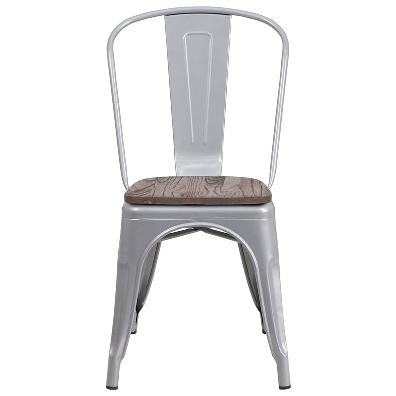 Flash Furniture Metal Dining Side Chair in Silver and Wood Grain