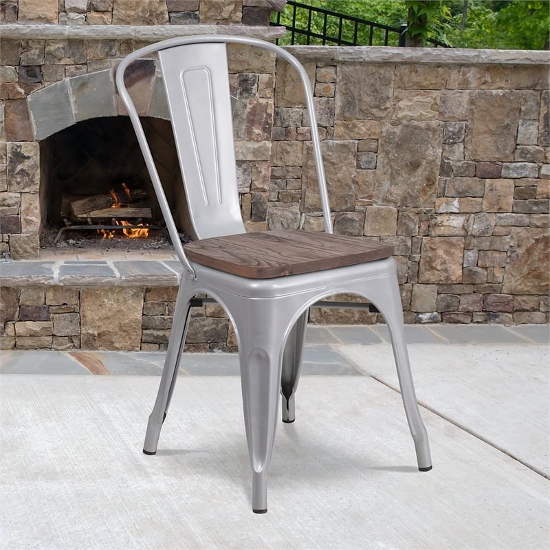 Flash Furniture Metal Dining Side Chair in Silver and Wood Grain