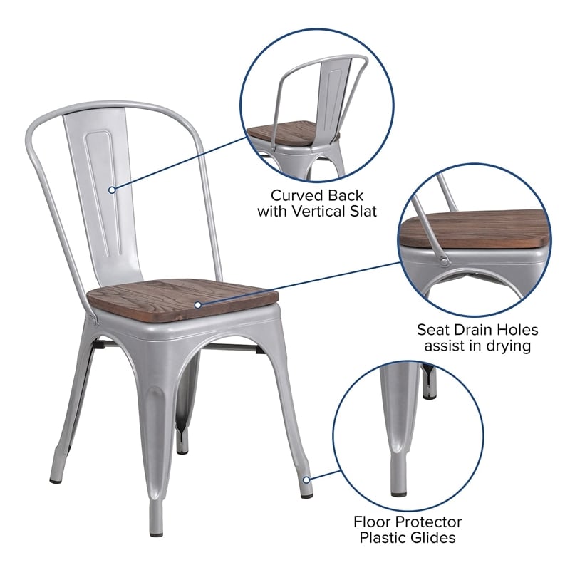 Flash Furniture Metal Dining Side Chair in Silver and Wood Grain