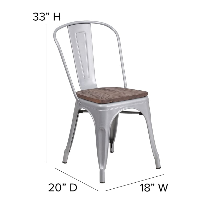 Flash Furniture Metal Dining Side Chair in Silver and Wood Grain