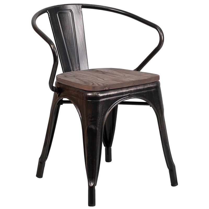 Flash Furniture Metal Chair With Arms In Black-Antique Gold