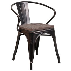 flash furniture metal curved vertical back stackable dining arm chair with wood grain seat
