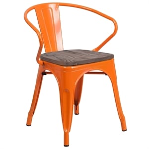 Flash Furniture Metal Dining Arm Chair in Orange and Wood Grain
