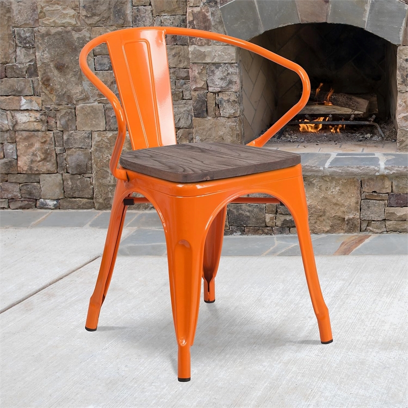 Flash Furniture Metal Dining Arm Chair in Orange and Wood Grain