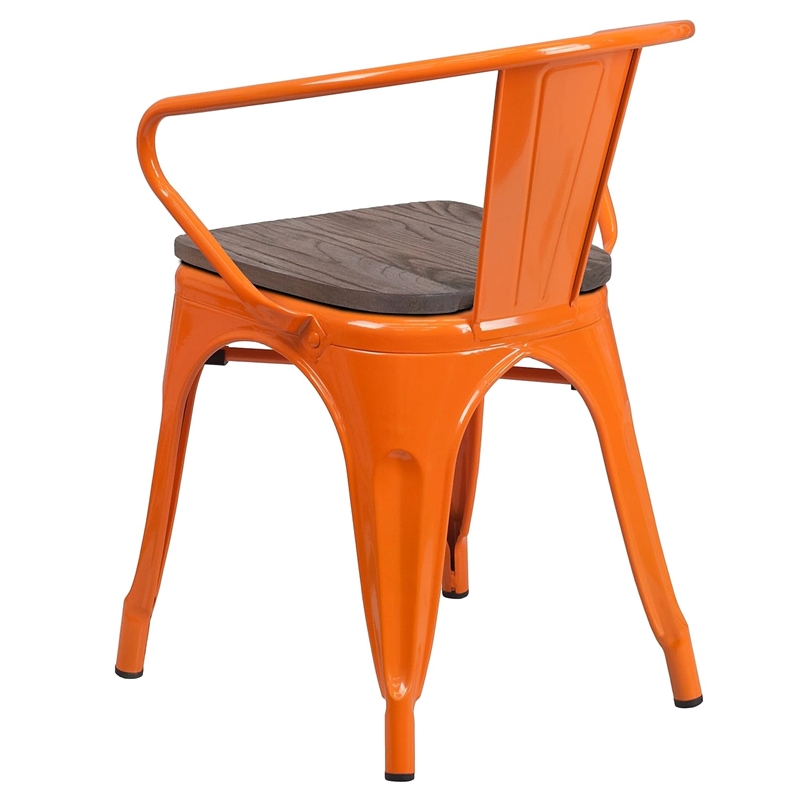 Flash Furniture Metal Dining Arm Chair in Orange and Wood Grain
