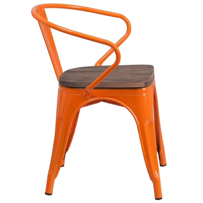Flash Furniture Metal Dining Arm Chair in Orange and Wood Grain