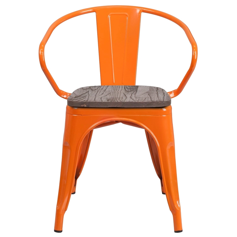 Flash Furniture Metal Dining Arm Chair in Orange and Wood Grain