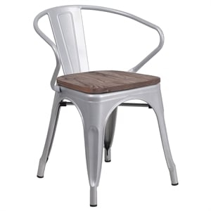 Flash Furniture Metal Dining Arm Chair in Silver and Wood Grain