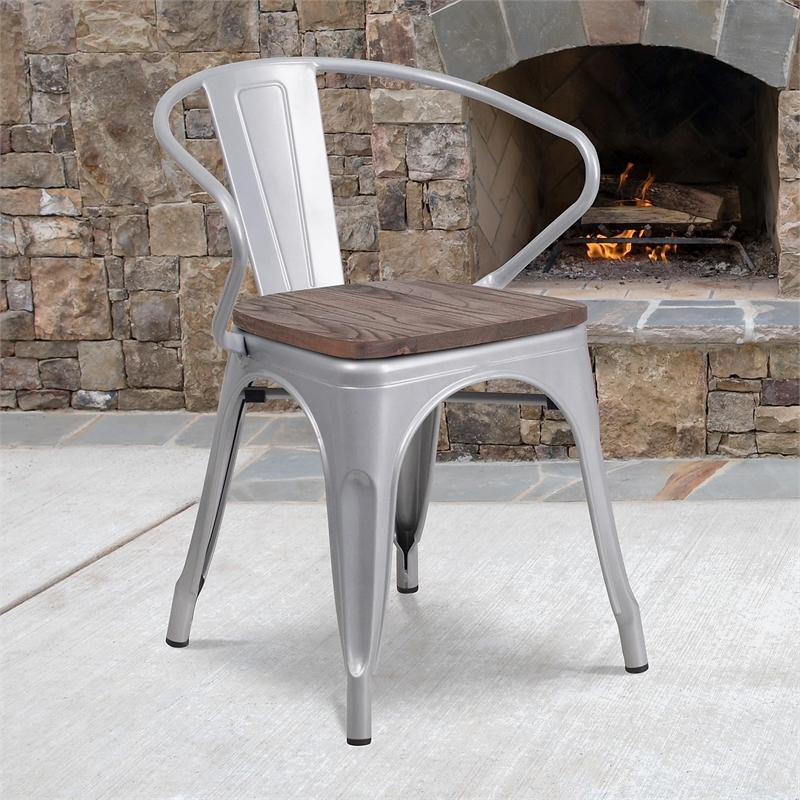 Flash Furniture Metal Dining Arm Chair in Silver and Wood Grain