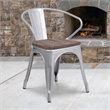 Flash Furniture Metal Dining Arm Chair in Silver and Wood Grain