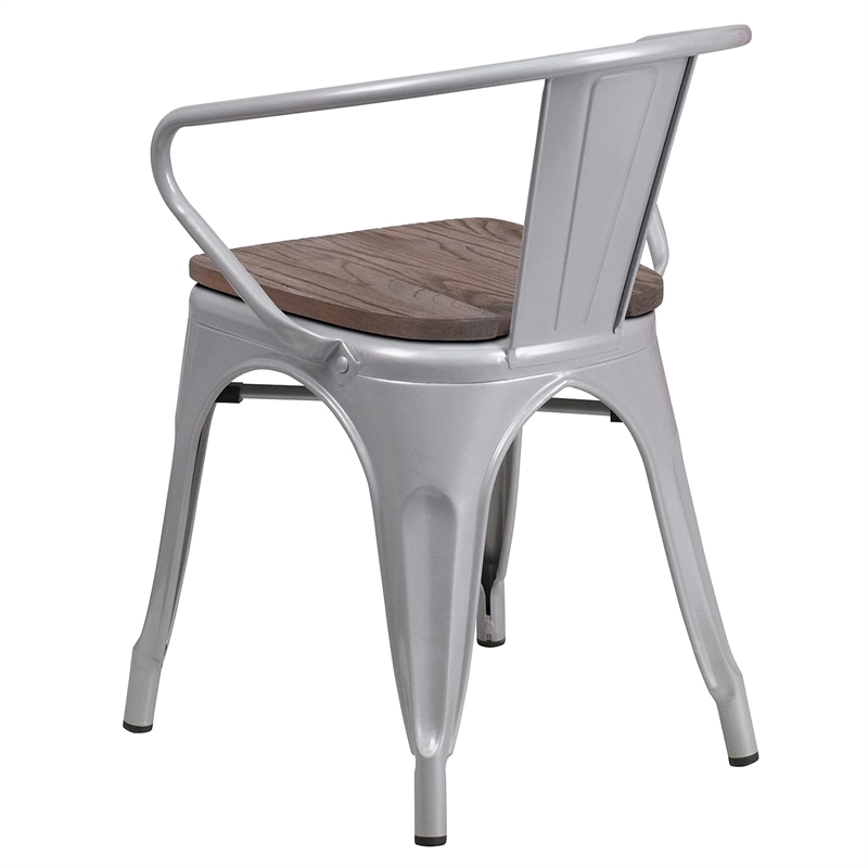 Flash Furniture Metal Dining Arm Chair in Silver and Wood Grain