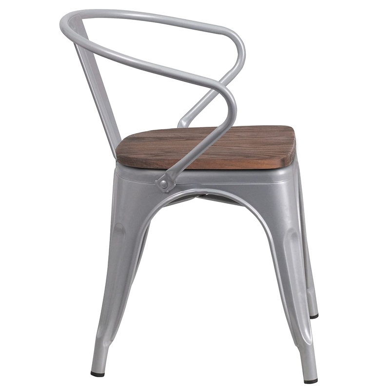 Flash Furniture Metal Dining Arm Chair in Silver and Wood Grain