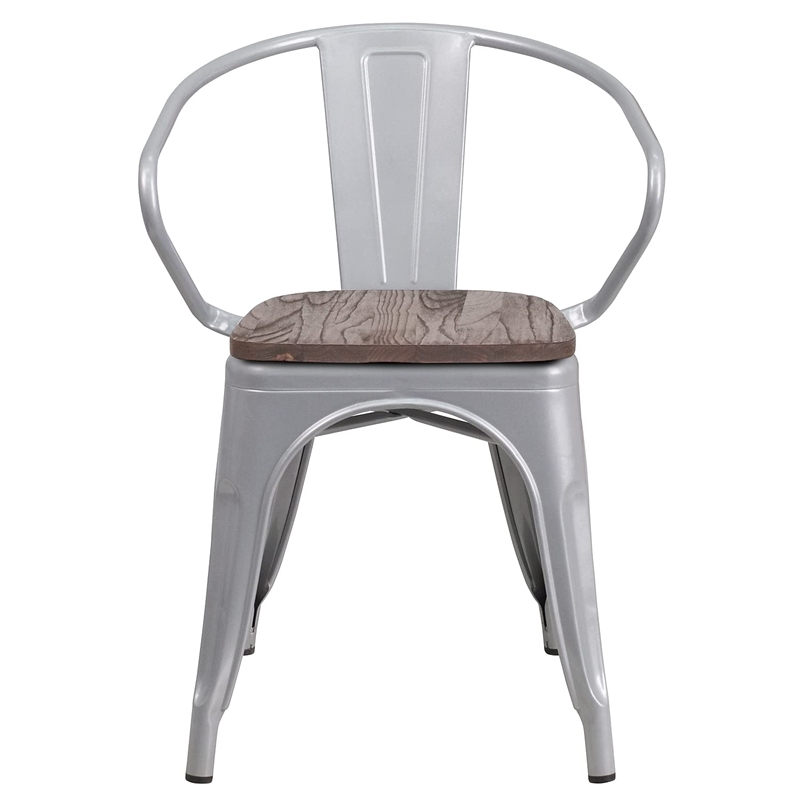 Flash Furniture Metal Dining Arm Chair in Silver and Wood Grain