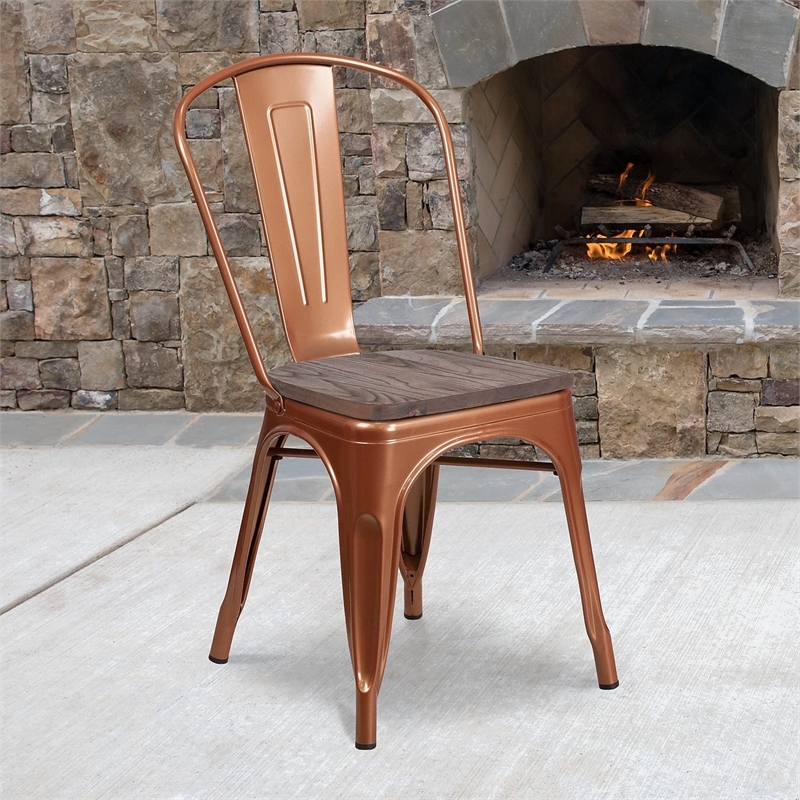 Flash Furniture Metal Dining Side Chair in Copper and Wood Grain