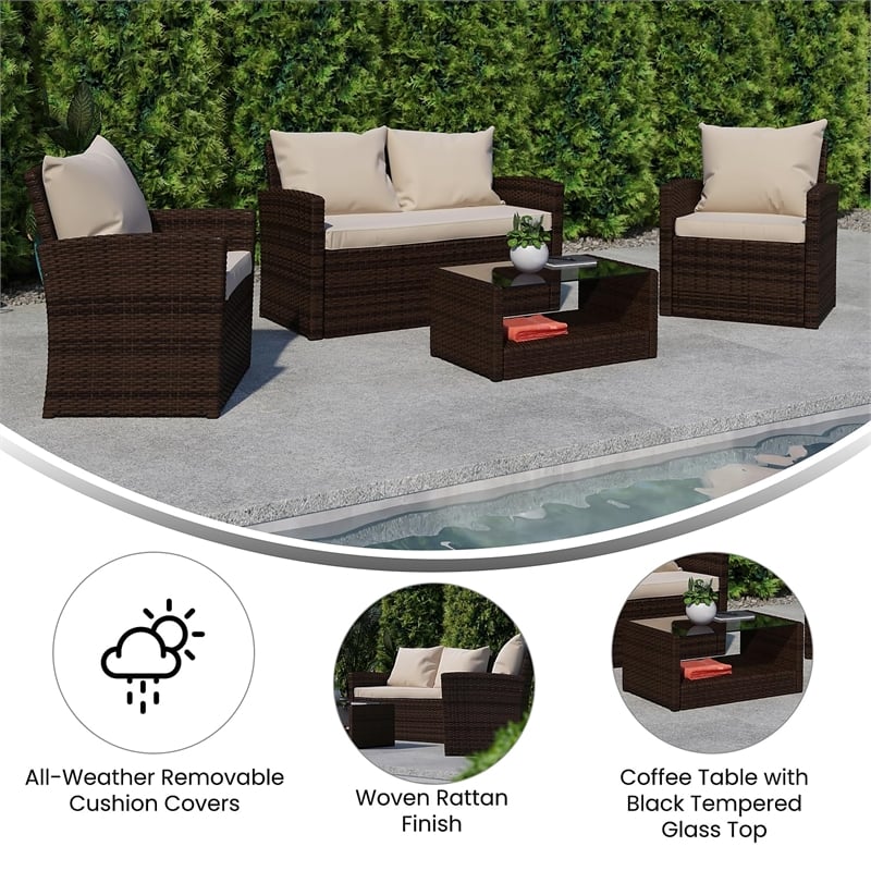 Flash Furniture Aranas 4 Piece Patio Sofa Set in Black and Light Gray