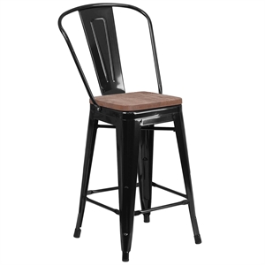 Flash Furniture 24&quot Metal Counter Stool in Black and Wood Grain