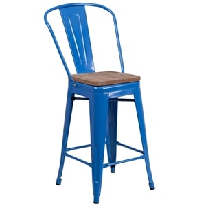 Flash Furniture 24&quot Metal Counter Stool in Blue and Wood Grain