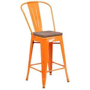 Flash Furniture 24&quot Metal Counter Stool in Orange and Wood Grain