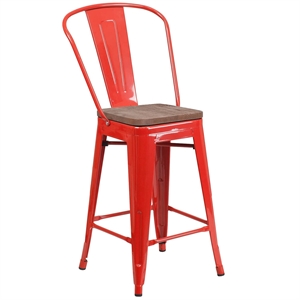 Flash Furniture 24&quot Metal Counter Stool in Red and Wood Grain